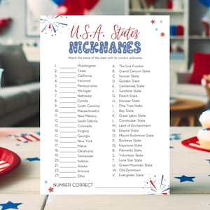 Printable 4th of July USA States Nicknames Game, July 4th Games, Independence Day Games, Patriotic Games, 4th of July Party Games, Editable