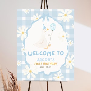 Editable One Silly Goose Birthday Welcome Sign, Boy 1st Birthday Sign, Blue Printable Sign, Goose First Birthday Welcome Banner Sign, EPC04