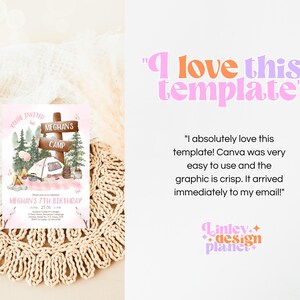 May include: A pink and brown printable invitation for a 7th birthday party with a camping theme. The invitation features a tent, a campfire, and a sign that says "Meghan's Camp". The text "You're Invited" and "Meghan's 7th Birthday" is also included.