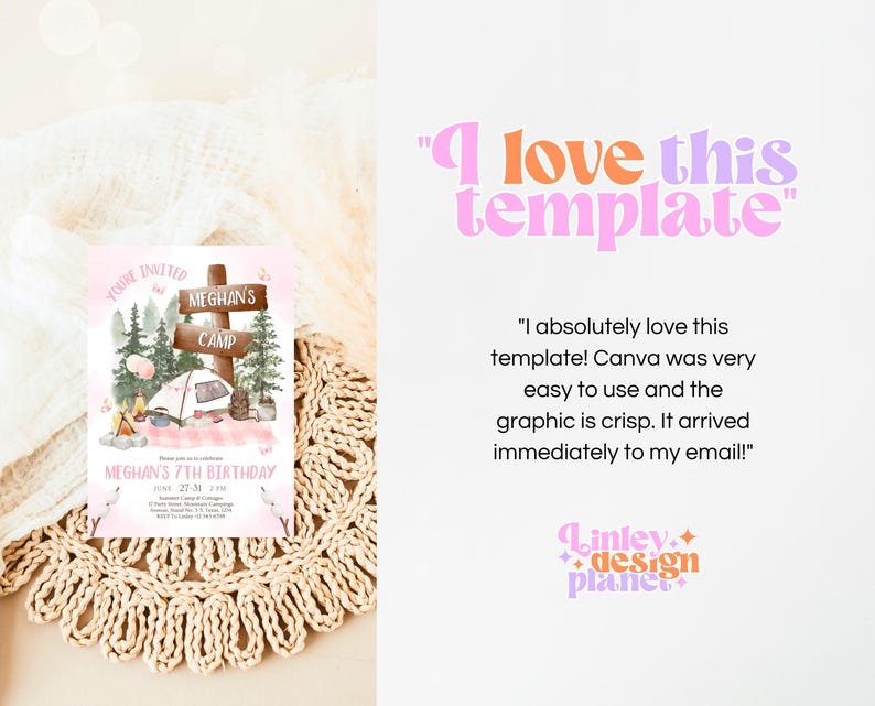 May include: A pink and brown printable invitation for a 7th birthday party with a camping theme. The invitation features a tent, a campfire, and a sign that says "Meghan's Camp". The text "You're Invited" and "Meghan's 7th Birthday" is also included.