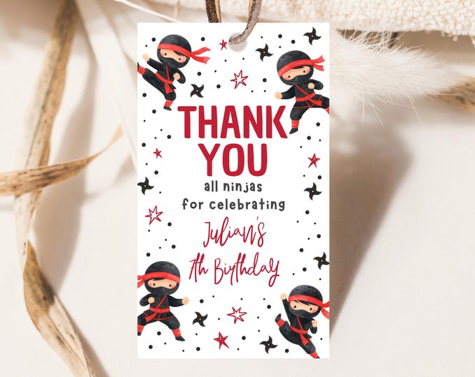 Editable Ninja Birthday Thank You Gift Tags | Ninja Favor Tags ...