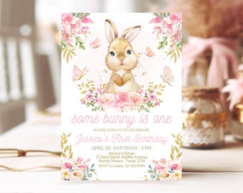 Invitación de cumpleaños de conejito editable, rosa y dorado, primer cumpleaños de conejito, cumpleaños de conejito floral, invitación de cumpleaños de conejo de primavera, EPC09