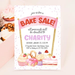 Bewerkbare Bake Sale-uitnodiging Liefdadigheidstaart Fundraiser Uitnodigen Cookie Cupcake Sale-sjabloon Afdrukbare Bake Sale-flyer direct downloaden