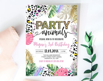 May include: A colorful invitation for a 3rd birthday party with a jungle animal theme. The invitation features a leopard print background with green leaves and the text "PARTY animals" in bold letters. The text "Megan's 3rd Birthday" is written in pink letters. The invitation also includes the date and time of the party, the location, and the RSVP information.