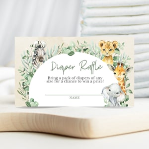 Diaper Raffle Ticket A Little Wild One Safari Baby Shower, Safari Jungle Baby Shower, Greenery Safari, Animals Baby Shower Game, SGBS01