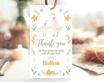 Goose Baby Shower Favor Tag: Floral Thank You (Editable Canva Template)