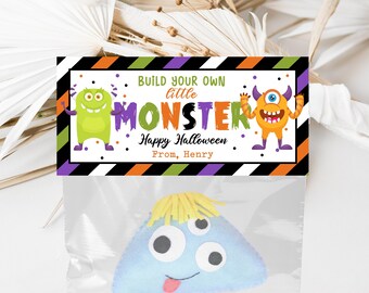 Make Your Own Monster Halloween Bag Topper Template, Monster Favor Party Tag, Trick or Treat Kids School Gift, Monster Bag Label Template