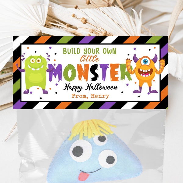 Make Your Own Monster Halloween Bag Topper Template, Monster Favor Party Tag, Trick or Treat Kids School Gift, Monster Bag Label Template