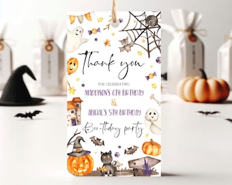 Editable Halloween Joint Birthday Favor Tag Spooky Halloween Twin Brother Sister Party Thank You Label Trick Or Treat Digital Download HB09