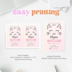 May include: Two printable invitations for a girl's 5th birthday party. The invitations feature a pink and white cat with the text "Are you kitten me right meow?" and "Megan is turning 5".