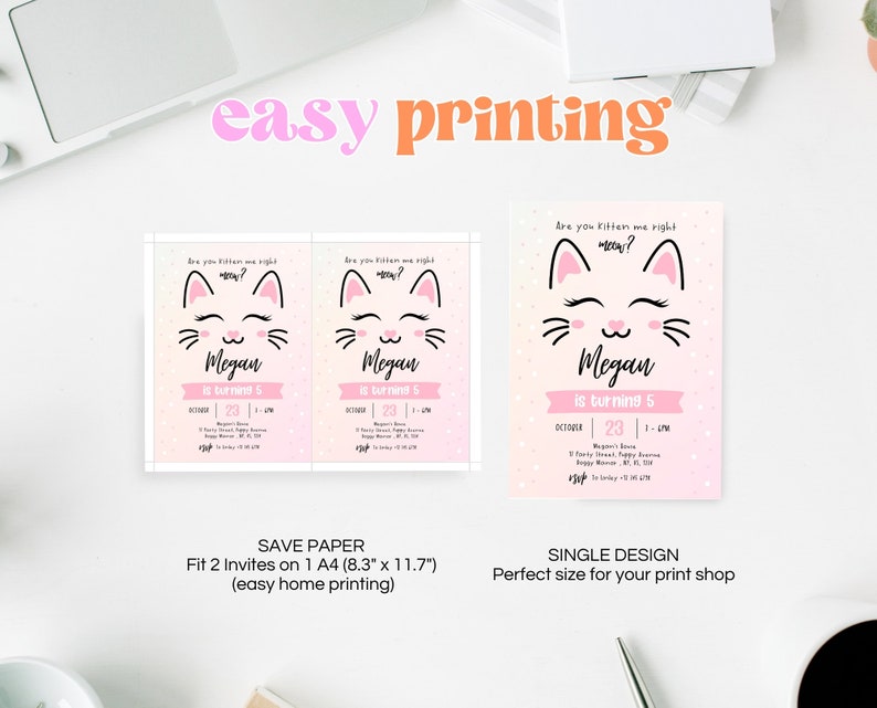 May include: Two printable invitations for a girl's 5th birthday party. The invitations feature a pink and white cat with the text "Are you kitten me right meow?" and "Megan is turning 5".