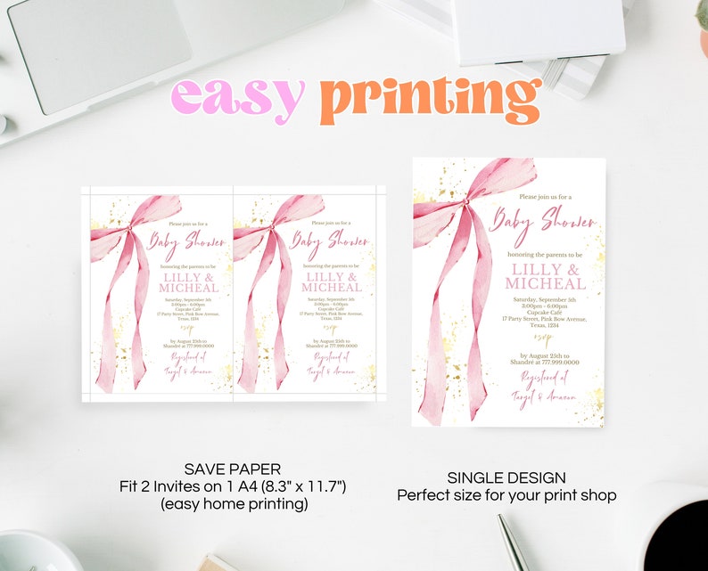 Editable Pink Bow Baby Shower Invitation Blush and Gold Printable Girl ...