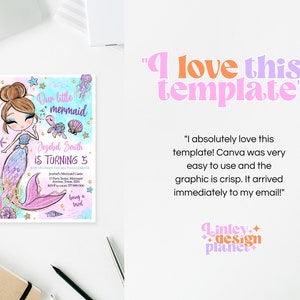May include: A colorful invitation for a little mermaid's 3rd birthday party. The invitation features a cartoon mermaid with pink and blue hair and tail, surrounded by seashells and starfish. The text reads "Our little mermaid Jezebel Smith is turning 3. Join us under the sea to celebrate."