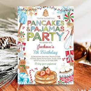 Editable Pancakes & Pajamas Party Christmas Birthday Invitation, Pancake and Hot Chocolate Party, Printable, Blue, Instant Download, CBC02