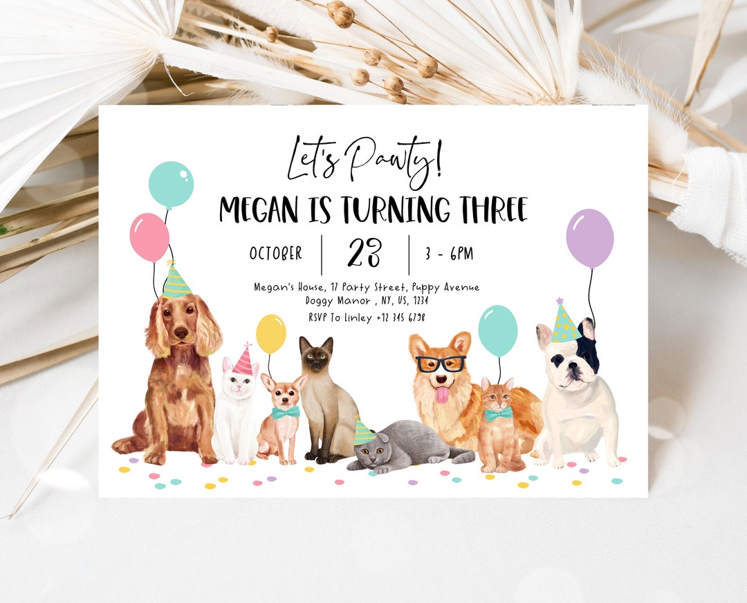 Editable Dog and Cat Birthday Party Invitation Puppy Birthday - Etsy