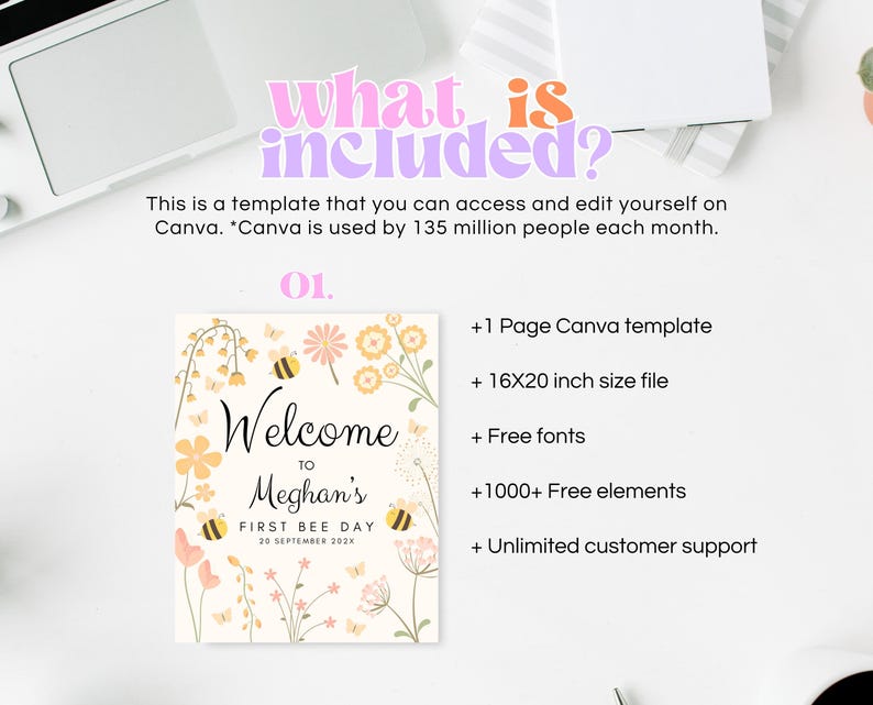 Op de afbeelding: Een Canva-sjabloon voor een welkomstbord voor een eerste bijendag met een geel en roze bloemenontwerp, bijen en vlinders. De tekst luidt "Welkom bij Meghan's First Bee Day 20 september 202X". Het sjabloon bevat &eacute;&eacute;n pagina, een bestand van 40,64 x 50,8 cm, gratis lettertypen, meer dan 1000 gratis elementen en onbeperkte klantenservice.