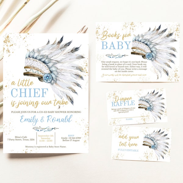 Editable Tribal Indian Baby Shower Invitation Bundle, Tribal Native American Baby Shower Invitation, Blue Tribal Invitation, Little Chief