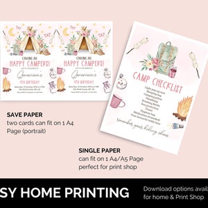 May include: Two printable cards for a camping themed birthday party. The cards are pink and feature a watercolor illustration of a tent, campfire, and other camping gear. The text on the cards reads "Calling all Happy Campers! Let's Celebrate Genevieve's 9th Birthday".