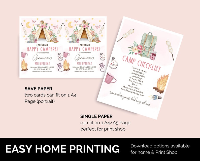 May include: Two printable cards for a camping themed birthday party. The cards are pink and feature a watercolor illustration of a tent, campfire, and other camping gear. The text on the cards reads "Calling all Happy Campers! Let's Celebrate Genevieve's 9th Birthday".