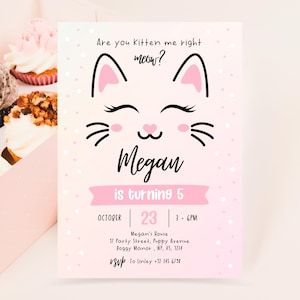 Editable Kitty Cat Birthday Invitation, Cat Birthday Invite, Kitten Birthday Invite, Pink Kitten Invite, Pink Kitten Birthday Theme, KGBP02