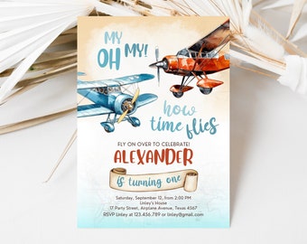 Editable Airplane Birthday Invitation Blue Red Watercolor Vintage Airplane Party Invite Printable Airplane Birthday Boy Instant Download
