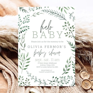 Convite editável para chá de bebê com folhagens verdes, convite para chá de bebê com folhas verdes, convite com folhas, convite com folhas minimalistas, brunch para bebê com folhas, GBS09