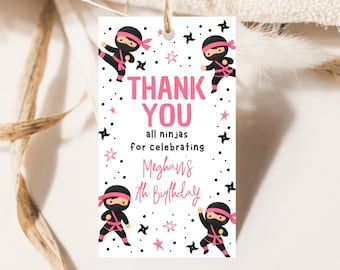 Editable Girl Ninja Birthday Favor Tag Thank You Label Karate Party Martial Arts Pink Ninja Printable Girl Party Tag Digital Download GBP54