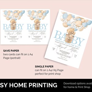 May include: A baby shower invitation with a blue and beige color scheme. The invitation features a teddy bear in a basket with balloons. The text on the invitation reads "We can barely wait. Baby Michael is on the way. Please join us for a baby shower honoring Abigail Miller."