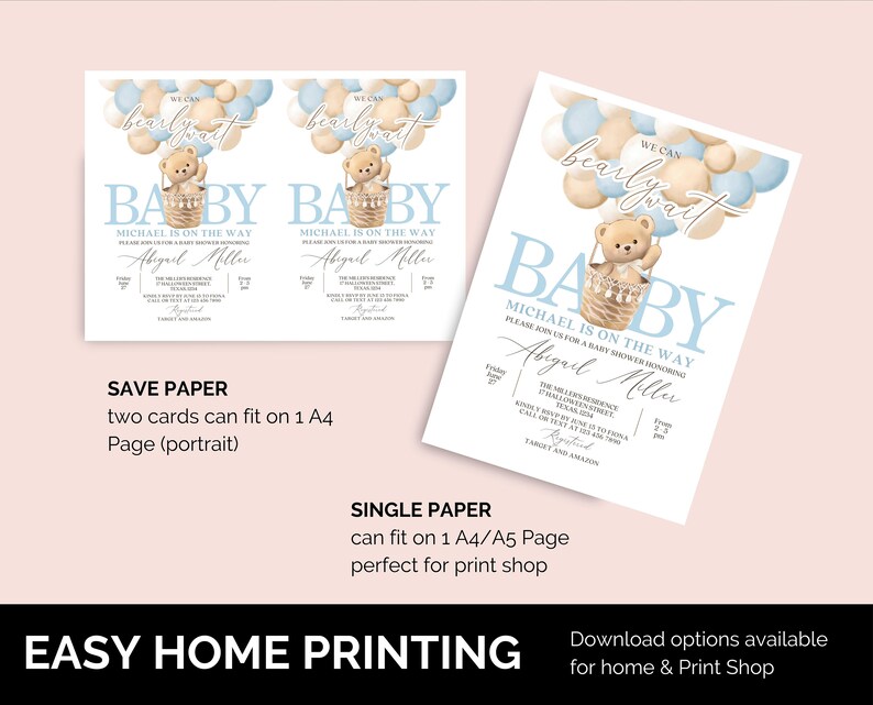 May include: A baby shower invitation with a blue and beige color scheme. The invitation features a teddy bear in a basket with balloons. The text on the invitation reads "We can barely wait. Baby Michael is on the way. Please join us for a baby shower honoring Abigail Miller."