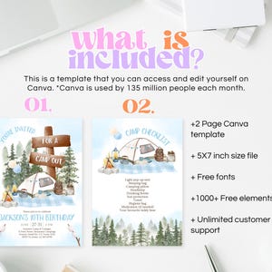 May include: A Canva template for a camping-themed birthday party invitation. The template includes a checklist for a camping trip, a 5x7 inch size file, free fonts, 1000+ free elements, and unlimited customer support.