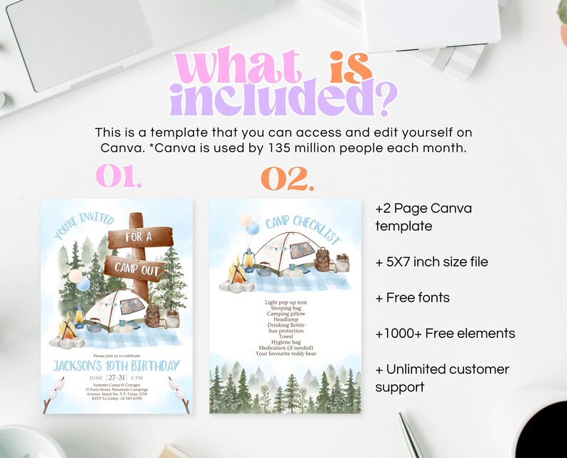 May include: A Canva template for a camping-themed birthday party invitation. The template includes a checklist for a camping trip, a 5x7 inch size file, free fonts, 1000+ free elements, and unlimited customer support.