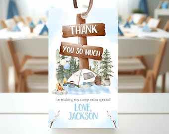 Editable Boy Camp Party Favor Tag, Camp Out Birthday Thank You Tag, Printable Camping Favor Tag, Boy Camp Birthday, Instant Download, BBP13