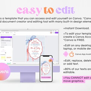 Peut inclure: Un &eacute;cran d'ordinateur et un smartphone affichent un mod&egrave;le Canva pour une invitation du 4 juillet. Le mod&egrave;le pr&eacute;sente des couleurs rouges, blanches et bleues avec le texte "easy to edit" et "food, fireworks & friends". Le logo Canva est visible.