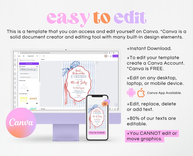Peut inclure: Un &eacute;cran d'ordinateur et un smartphone affichent un mod&egrave;le Canva pour une invitation du 4 juillet. Le mod&egrave;le pr&eacute;sente des couleurs rouges, blanches et bleues avec le texte "easy to edit" et "food, fireworks & friends". Le logo Canva est visible.