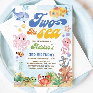 Editable Two the Sea 2nd Birthday Party Invitation, Under The Sea 2nd Birthday,  Sea Life Party Invitation