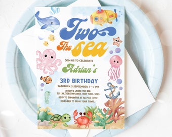 Editable Two the Sea 2nd Birthday Party Invitation, Under The Sea 2nd Birthday,  Sea Life Party Invitation