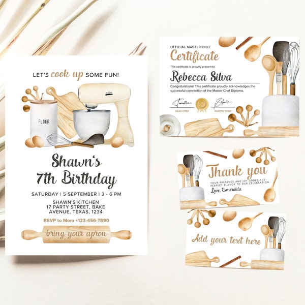 Editable Cooking Birthday Invitation Bundle, Baking Cooking Party, Chef Kitchen Birthday Invite, Kids Bakery Birthday Invitation Set