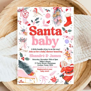 Editable Santa Baby Shower Invitation, Christmas Red And Pink Invite, Girl Winter Baby Shower Invitation, Retro Christmas Baby Shower, CBS02