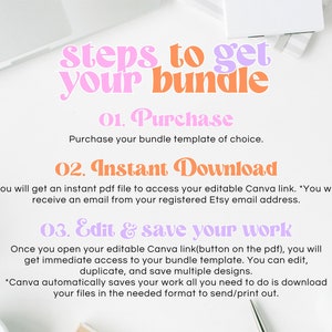 Peut inclure: Un graphique rose et orange avec le texte "Steps to get your bundle" et des instructions sur la fa&ccedil;on d'acheter, de t&eacute;l&eacute;charger et de modifier un bundle num&eacute;rique. Les instructions comprennent le texte "Purchase your bundle template of choice", "Instant Download", et "Edit & save your work".