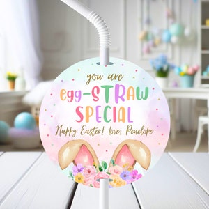 Etiqueta de Pascua editable con pajitas, etiquetas de Pascua, tarjeta de Pascua especial You're Egg-Straw, tarjeta con forma de huevo para niños, etiqueta de Pascua personalizada, decoración para fiestas de Pascua