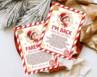 May include: A red and white striped card with a gold glitter border. The card features a cartoon elf wearing a red hat and a message that reads "I'm Back" and "Farewell". The card is addressed to Ella and Kevin.