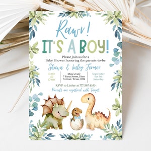 K&ouml;nnte beinhalten: Eine Babyparty-Einladung mit einem Dinosaurier-Thema. Die Einladung ist in Gr&uuml;n, Blau und Gelb gehalten und zeigt einen Dinosaurier und ein Baby-Dinosaurier mit dem Text "Rawr! Es ist ein Junge!" und "Bitte schlie&szlig;en Sie sich uns zu einer Babyparty an, um die werdenden Eltern Shawn & Linley Fermor zu ehren".