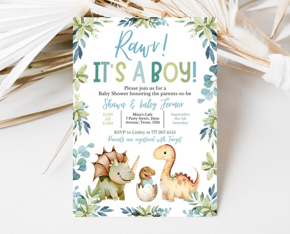 Editable Dinosaur Baby Shower Invitation, Blue Dinosaur Baby Shower Invite, Boy Dinosaur Baby Shower Invite, Blue Floral Dinosaur Invitation