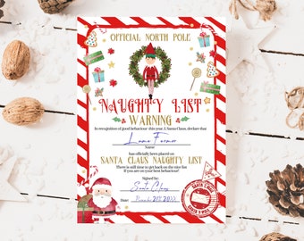 Certificado oficial de la lista de malos actos de Papá Noel editable Carta del escritorio de los elfos del Polo Norte Papá Noel navideño Descarga instantánea imprimible