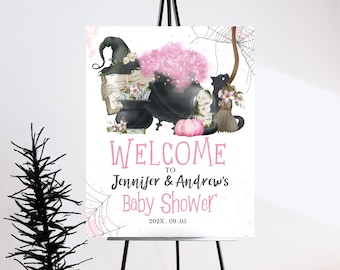 Könnte beinhalten: Willkommen zur Babyparty von Jennifer & Andrew mit einem pink-schwarzen Hexenthema. Das Schild zeigt einen Hexenhut, einen Kessel, einen Besen und ein Spinnennetz. 202X. 09. 05