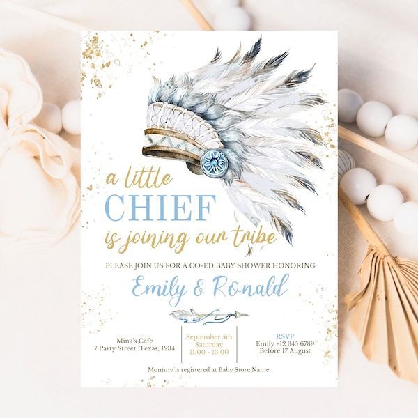 Editable Tribal Native American Indian Baby Shower Invitation, Tribal Boy Baby Shower Invitation, Blue Tribal Invitation, Little Chief