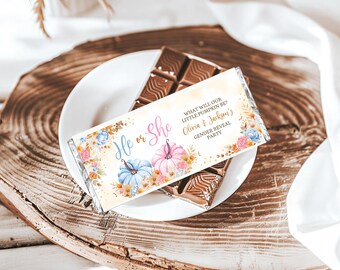 Floral Pumpkin Gender Reveal Chocolate Wrapper Candy Bar Label Editable Fall Favor Autumn Boy Or Girl Baby Shower Printable Pink Blue FP01