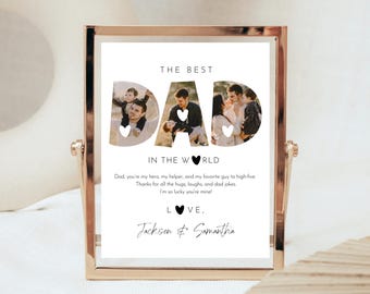 May include: A framed print with the words "THE BEST DAD IN THE WORLD" and family photos. The print includes a heartfelt message and is signed "LOVE, Jackson & Samantha". The frame is gold.