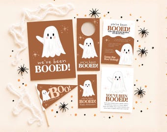 Utskrivbart kit med "You've Been Booed", redigerbart Halloween-tecken, instruktioner för grannspel, dörrhängare och godisetikett