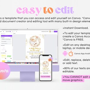 K&ouml;nnte beinhalten: Ein digitales Mockup einer Babyparty-Einladungsvorlage auf einem Computerbildschirm und einem Smartphone. Die Einladung zeigt eine Aquarell-Illustration einer Kaffeetasse, einer Babyflasche und einem Kranz aus Blumen. Der Text auf der Einladung lautet "a baby bean is on the way!" und enth&auml;lt die Namen "Emily & Ronald" sowie das Datum "Sept 1, 2019, 2 PM". Der Text "You're Invited" befindet sich am unteren Rand der Einladung. Der Text "easy to edit" befindet sich oben im Bild. Der Text "Canva" befindet sich unten im Bild. Der Text "+Instant Download", "+To edit your template create a Canva Account. *Canva is FREE", "+Edit on any desktop, laptop, or mobile device. Canva App Available", "+Edit, replace, delete or add text", "+80% of our texts are editable", and "+You CANNOT edit or move graphics" befindet sich auf der rechten Seite des Bildes.